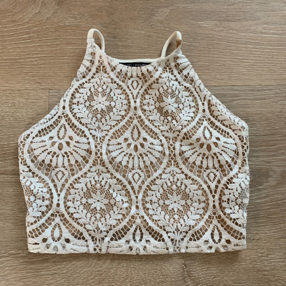 David Lerner White Lace Halter Crop Top XS Tan Lining Boho Festival Sleeveless